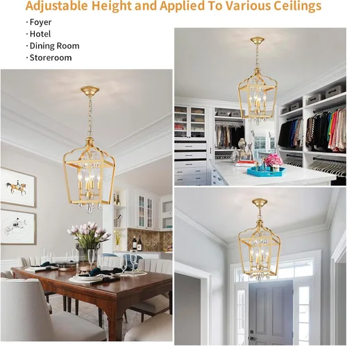Miniatura 9 de Gold Crystal Chandelier, 4-Light Modern Chandeliers for Dining Room Light Fixture Over Table Adjustable Height Hanging Farmhouse Pendant Light for