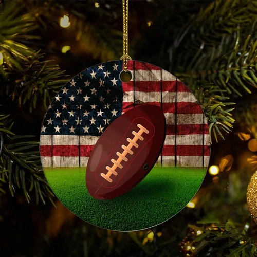 Christmas Tree Ornaments Football USA Flag Christmas Ornament Keepsake Ornament Home Decor Patriotic Hanging Pendants Round Ceramic Xmas Ornaments