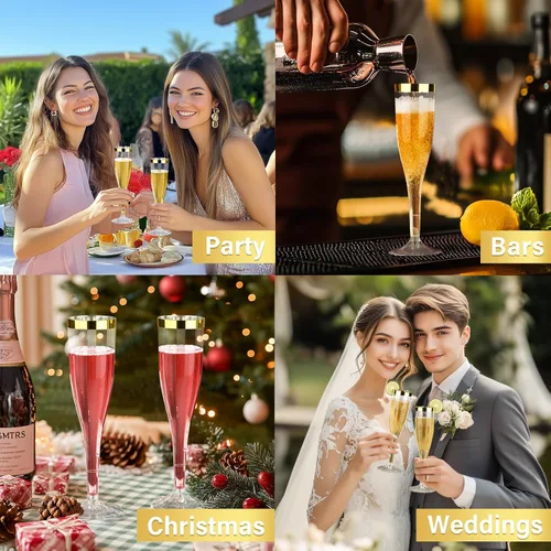 Miniatura 8 de Goodluck Paquete de 36 copas de champán transparentes de plástico de 6.5 onzas con borde dorado, vasos desechables de champán para brindis de boda