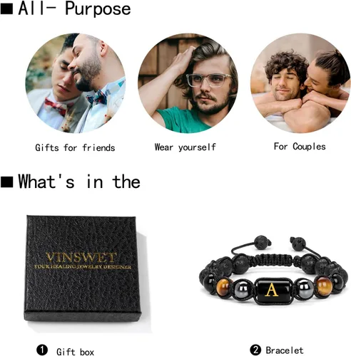 Miniatura 7 de Pulseras de cuentas con iniciales para hombre, pulsera de triple protección de 0.315 in de obsidiana y hematita, hecha a mano con letras de piedra