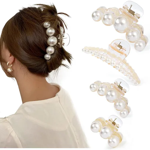 Mehayi 4 pinzas grandes de perlas para el cabello para mujeres y niñas, pinzas de pasador para cabello grueso y delgado, accesorios de moda para el