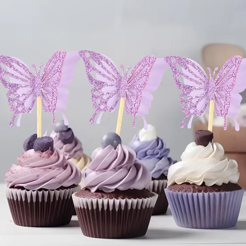 Miniatura 5 de Chinco 48 piezas de decoración de pastel de mariposa, decoración de cupcakes de doble capa ensamblada, decoración de pastel de 3D con purpurina