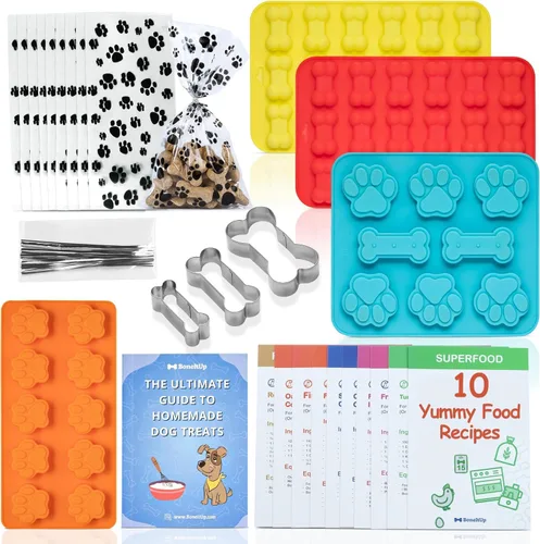 BoneItUp Kit para hacer golosinas para perros, todo en uno, juego de galletas de bricolaje con 4 moldes de silicona reutilizables para perros, 3