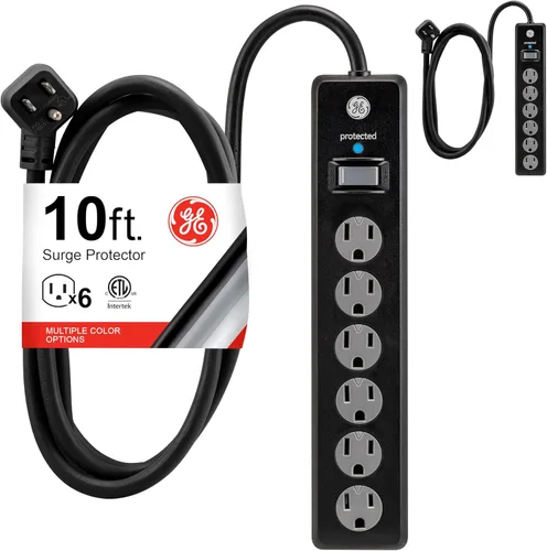 Miniatura 11 de GE Regleta de enchufes con protector contra sobretensiones, cable de extensión de 20 pies, extensor de 6 tomas, 800 joules, clavija plana, cubiertas