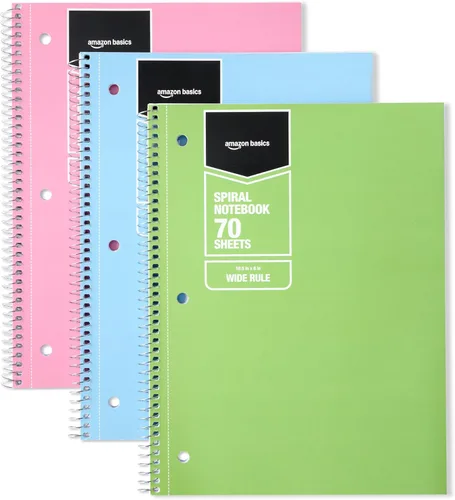 Amazon Basics - Cuaderno de espiral de rayas anchas, 70 hojas, 7-1/2 x 10-1/2 pulgadas, paquete de 3, varios colores pastel sólidos Colores sólidos