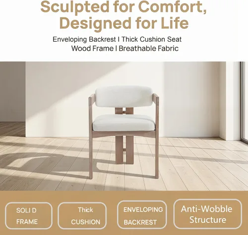 Miniatura 6 de Juego de 4 sillas de comedor modernas de barril, sillas de comedor tapizadas con respaldo curvado y patas de madera, sillas laterales de lino