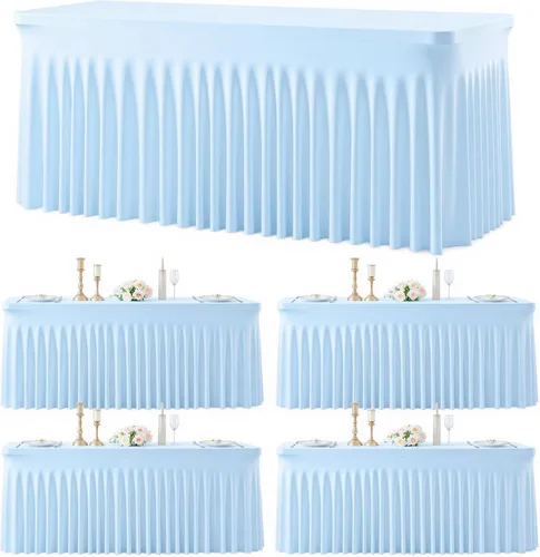 Miniatura 10 de Paquete de 2 manteles color azul bebé para mesas rectangulares de 6 pies, mantel ajustable de elastano, fundas de mesa elásticas de 6 pies, manteles