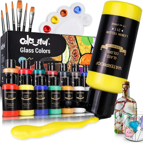 Juego de Pintura para Vidrio de Colores de Colorful con 6 Pinceles, 1 Paleta y 1 Esponja, Kit de Pintura de Vidrio Permanente Impermeable de 14 14