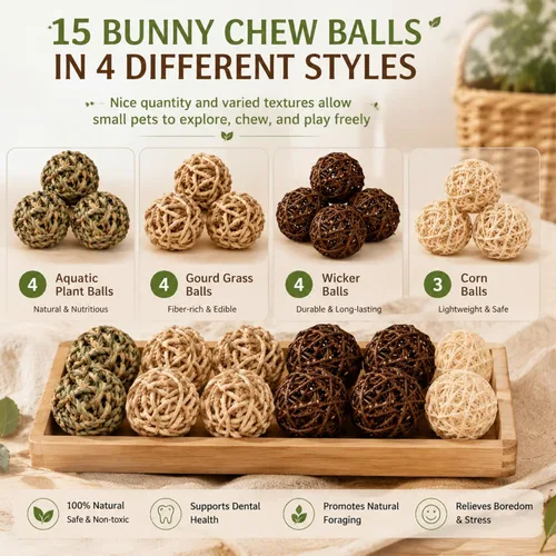 Miniatura 5 de Skylety 15 bolas masticables de conejo para conejos, juguetes de hierba rodante de animales pequeños y golosinas para conejillos de indias