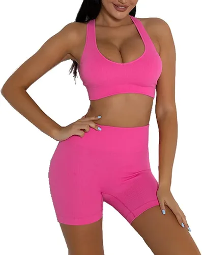 Miniatura 3 de MANON ROSA Trajes de yoga para mujer, sin costuras, conjunto de 2 piezas, leggings cortos, brasier deportivo, ropa de entrenamiento, ropa deportiva