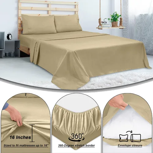 Miniatura 5 de ROYALE LINENS Juego de sábanas de 300 hilos 100% algodón peinado de fibras largas, 4 piezas, 1 sábana bajera, 1 encimera y 2 fundas de almohada