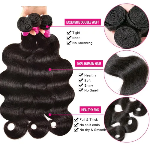 Miniatura 3 de Adigrace Paquetes de Cabello Humano 16 18 20 Pulgadas Paquetes de Ondas Corporales Cabello Humano 10A Paquetes de Cabello Humano Brasileño 100%