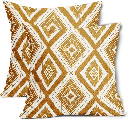 Miniatura 8 de Juego de 2 fundas de almohada geométricas de color naranja quemado de 18 x 18 pulgadas con diamantes Ikat de color marfil óxido, estilo bohemio