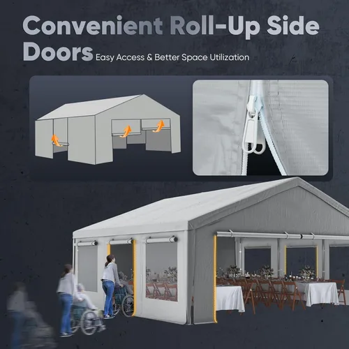Miniatura 5 de Quictent Cochera resistente para 2 autos de 20 x 20 pies, refugio de almacenamiento impermeable con puertas laterales con cremallera, cables de Gris