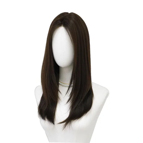 Miniatura 3 de Peluca de 22 pulgadas de largo y lacia con flequillo de cortina para mujer, cabello sintético negro, resistente al calor, para fiesta, cosplay, Té