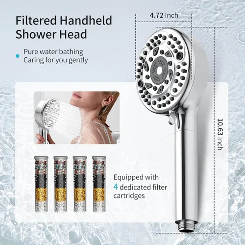 Miniatura 2 de Cabezal de ducha filtrado con mango, cabezal de ducha de alta presión con 9 modos de rociado y 4 filtros, cabezal de ducha para agua dura - elimina