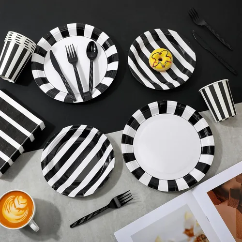 Miniatura 7 de Bokon 350 decoraciones de fiesta en blanco y negro incluyen 100 platos de papel a rayas, 50 vasos de papel, 50 servilletas, 50 cuchillos, 50