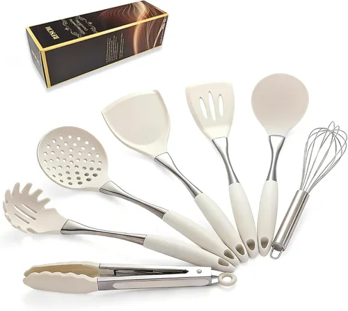Juego de utensilios de cocina de silicona blanca de alta calidad, no tóxicos, resistentes al calor, sin BPA, con espátula, cuchara, batidor y Blanco