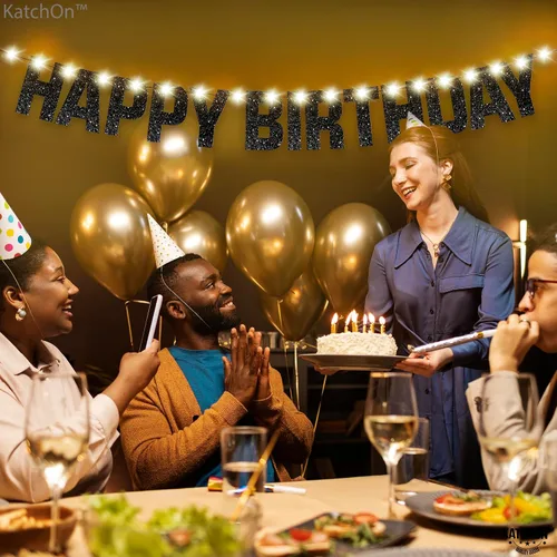 Miniatura 8 de KatchOn, Cartel de feliz cumpleaños negro con purpurina iluminada – Prestrung, 10 pies Letrero iluminado de feliz cumpleaños Decoraciones