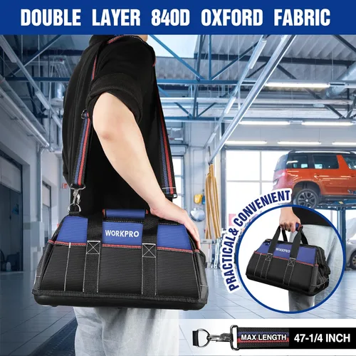 Miniatura 8 de WORKPRO - Bolso de herramientas de 16 pulgadas con abertura ancha, tela resistente con base moldeada impermeable, correa de hombro ajustable Azul