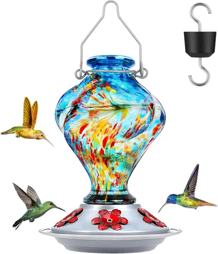 BOLITE - Alimentador de colibríes, de vidrio soplado a mano, diseño torcido, para exteriores, con trampa para hormigas y cinco puertos de Azul