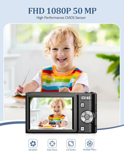 Miniatura 2 de Cámara digital mejorada, 50 MP de alta definición completa, 1080P con zoom de 16x antivibraciones, cámara compacta para niños, estudiantes, niños