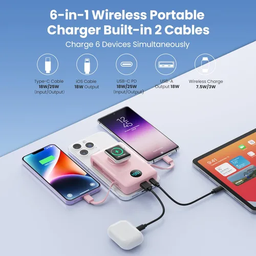 Miniatura 33 de Cargador portátil magnético de 10800 mAh para iPhone con cables integrados, cargador de batería inalámbrico 6 en 1 con cargador iWatch, pantalla LCD