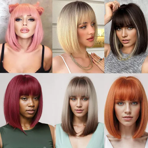 Miniatura 6 de Colorful Queen Pelucas rojas estilo Bob para mujer, peluca corta de 14 pulgadas con flequillo, peluca sintética recta Yaki, aspecto natural