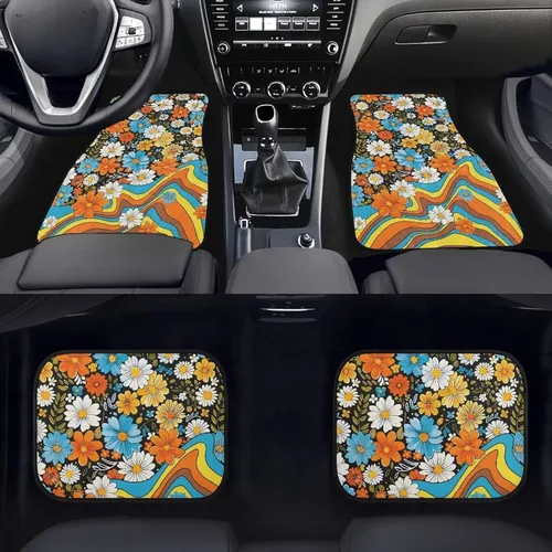 Miniatura 2 de 70S 80S Alfombra de suelo de automóvil con flores hippie y margaritas, 4 piezas, accesorio hippie para automóvil para mujeres, almohadilla de suelo
