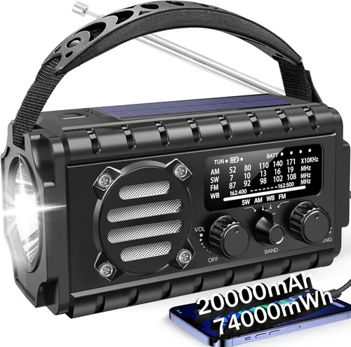 Aivica Radio de Emergencia de 20000mAh, Radio Meteorológica SW/NOAA/AM/FM, Cargador de Manivela Solar con Batería Grande, Portátil, Carga de