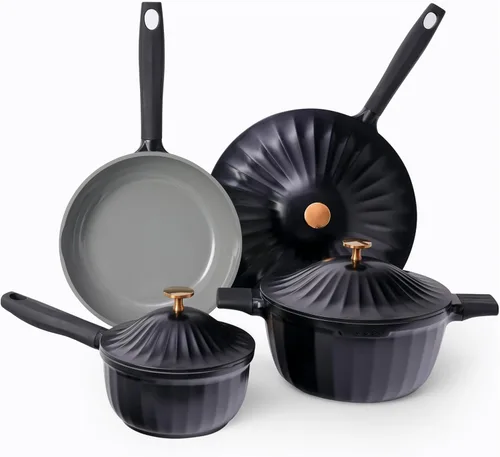 Juego de utensilios de cocina de cerámica antiadherente (7 piezas) – Juego de ollas y sartenes de aluminio fundido con titanio con tapas, no tóxico,