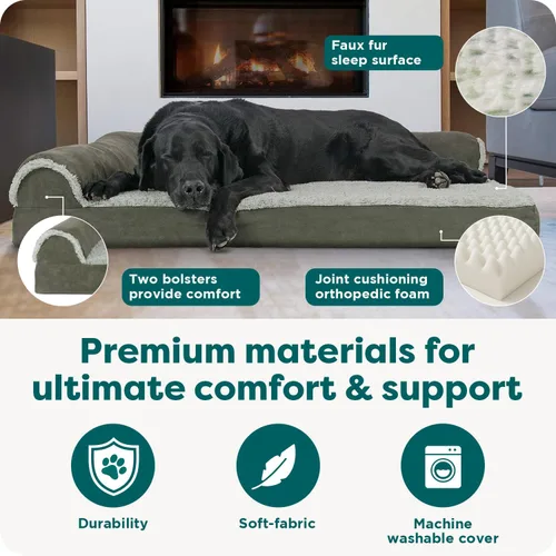 Miniatura 5 de Furhaven - Cama ortopédica de espuma para perros de piel sintética y gamuza, en forma de L, en dos tonos, estilo caja de huevos, salvia oscura, Dark