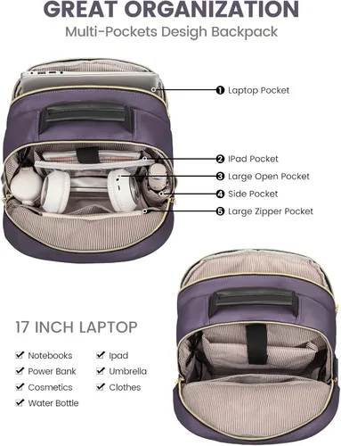 Miniatura 3 de LOVEVOOK Mochila para laptop para mujer, bolsa de trabajo de gran capacidad para computadora de viaje con compartimento para laptop de 17 pulgadas