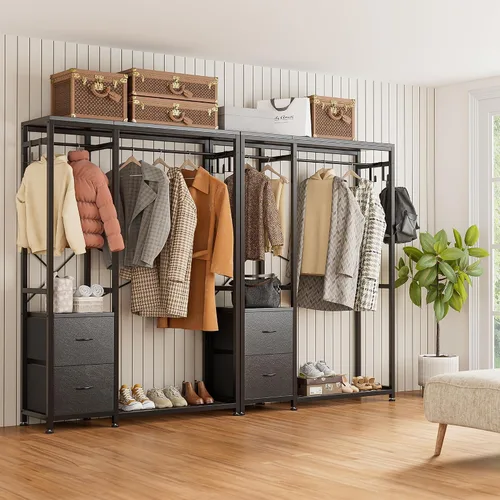 Miniatura 9 de Lulive - Perchero de ropa, estante resistente para colgar ropa, estantes industriales para ropa con 2 cajones de tela, 4 ganchos, 2 varillas