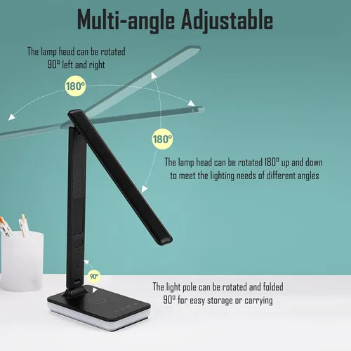Miniatura 9 de Lámpara de escritorio LED con carga inalámbrica y por cable, luz de mesa plegable, 5 modos de brillo y 3 modos de iluminación, pantalla de tiempo