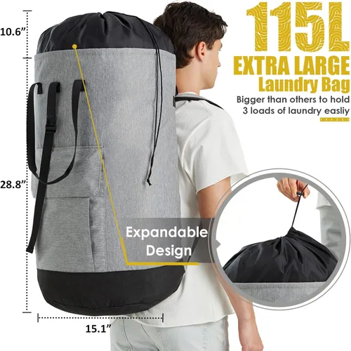 Miniatura 2 de Bolsa de lavandería para universidad, mochila de lavandería resistente de 115L con correas de hombro, bolsa grande para ropa sucia para dormitorio