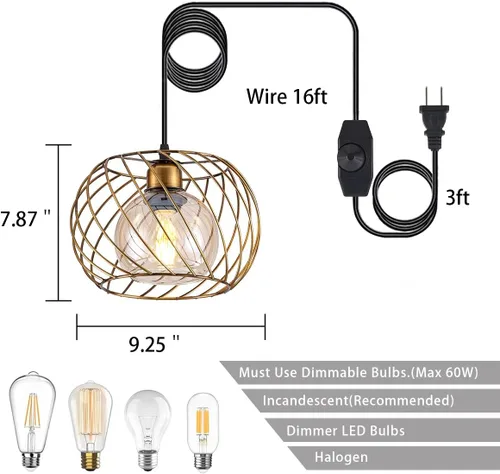 Miniatura 6 de YLONG-ZS Lámparas colgantes de vidrio pequeñas doradas, iluminación colgante regulable enchufable para dormitorio y sala de estar, cable de 16 pies