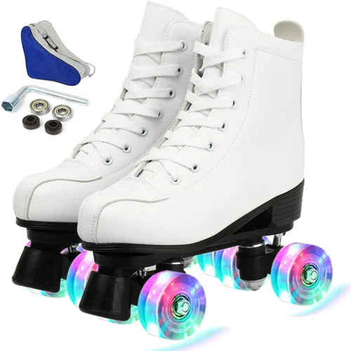 Miniatura 12 de Silvertree Patines de ruedas de piel sintética para mujer, con parte superior alta, patines de cuatro ruedas brillantes con bolsa de transporte