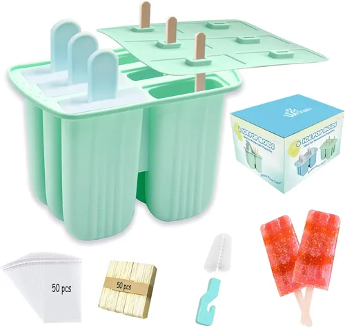 Miniatura 12 de Moldes de silicona para paletas con palillos, 6 cavidades, molde para helado con cepillo limpio, 6 palitos reutilizables, 50 palitos, 50 bolsas, Azul