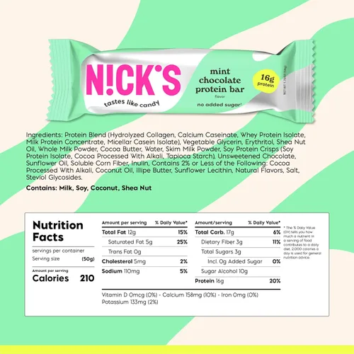 Miniatura 2 de N!CK'S Barras de proteínas de chocolate con menta Alto en proteínas Bajas en calorías Snacks bajos en carbohidratos aptos para dieta