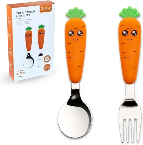 Ginbear Utensilios para niños pequeños con estuche, cucharas y tenedores no tóxicos para niños a partir de 18 meses, bonito juego de cubiertos para