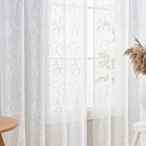 Miniatura 7 de Cortinas traslúcidas blancas bordadas florales de 63 pulgadas, cortinas de gasa con bolsillo para barra para sala de estar, dormitorio, paneles