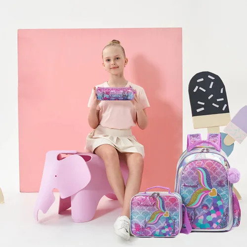 Miniatura 17 de Mochila para niñas de 16 pulgadas, mochilas para niñas para la escuela, mochila de lentejuelas con lonchera para estudiantes de primaria