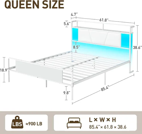 Miniatura 2 de RALGEND Base de cama Queen con cabecero, base de cama LED tamaño Queen con estación de carga, cama moderna de plataforma de metal con estantes