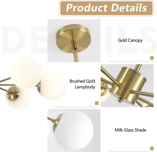 Miniatura 3 de KCO Candelabro Sputnik de Globo de 6 Luces Vidrio Esmerilado Candelabro Moderno Dorado Lámpara de Techo de Mediados de Siglo Candelabros Sputnik 6