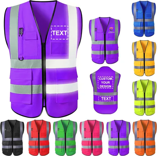 Miniatura 10 de Chaleco de seguridad personalizado para hombre, ropa de trabajo de protección de alta visibilidad, 5 bolsillos, clase 2 con tira reflectante Verde