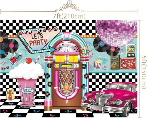 Miniatura 4 de Telón de fondo de 7 x 5 pies de regreso a los años 50 para decoraciones de fiesta de cumpleaños de los años 50, decoración de fiesta de Sock Hop