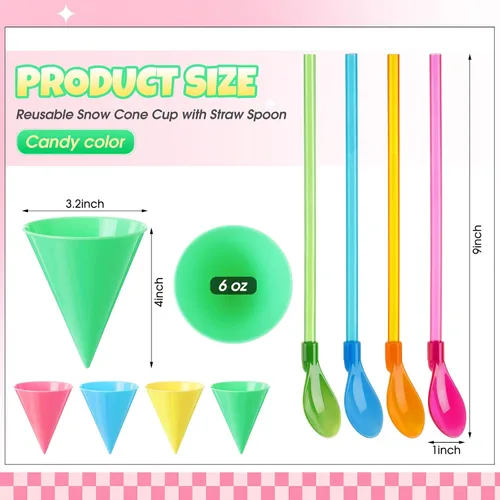 Miniatura 2 de FoldTier 20 tazas reutilizables de cono de nieve de 6 onzas con 20 cucharas de plástico multicolor de 9.3 pulgadas, suministros de hielo afeitado a