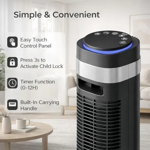 Miniatura 6 de Ventilador de torre para dormitorio, ventilador oscilante sin aspas con control remoto, 5 velocidades, 4 modos, ventilador silencioso de 28 dB, alta