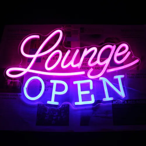 Miniatura 3 de Letrero de neón con texto en inglés "Lounge Abierto" VIP Lounge, luz de neón, rosa y azul, letra LED, regulable, letreros de negocios, letreros Rosa